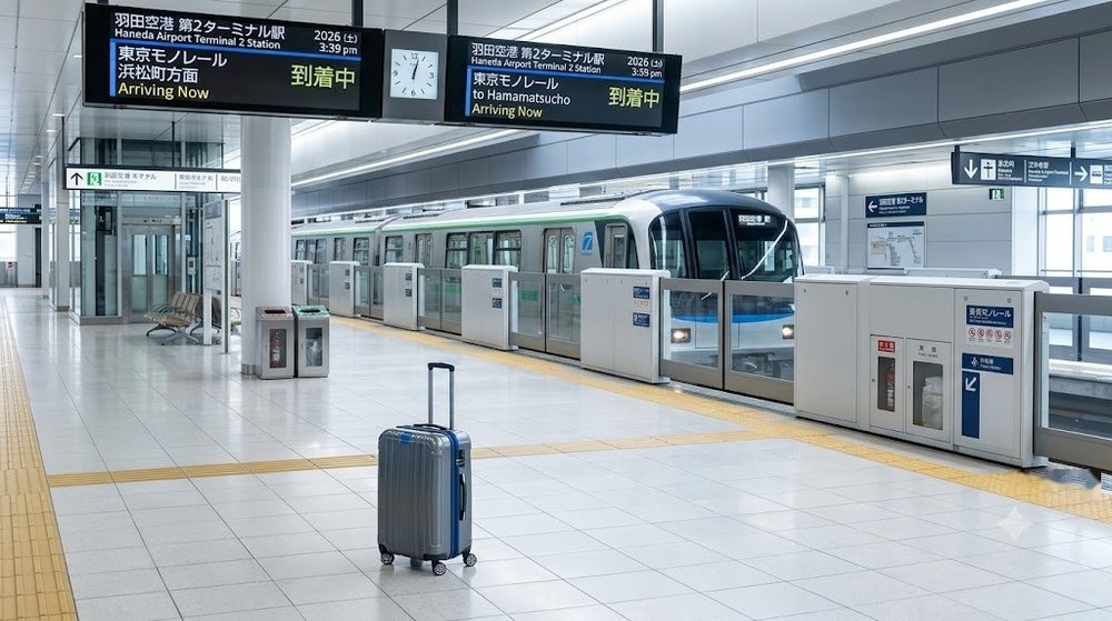 하네다공항 도쿄 모노레일 승강장에 놓인 캐리어