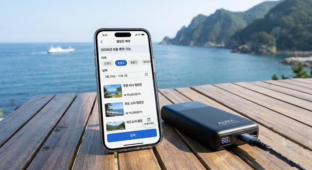 땡큐캠핑 어플 예약 화면과 보조배터리