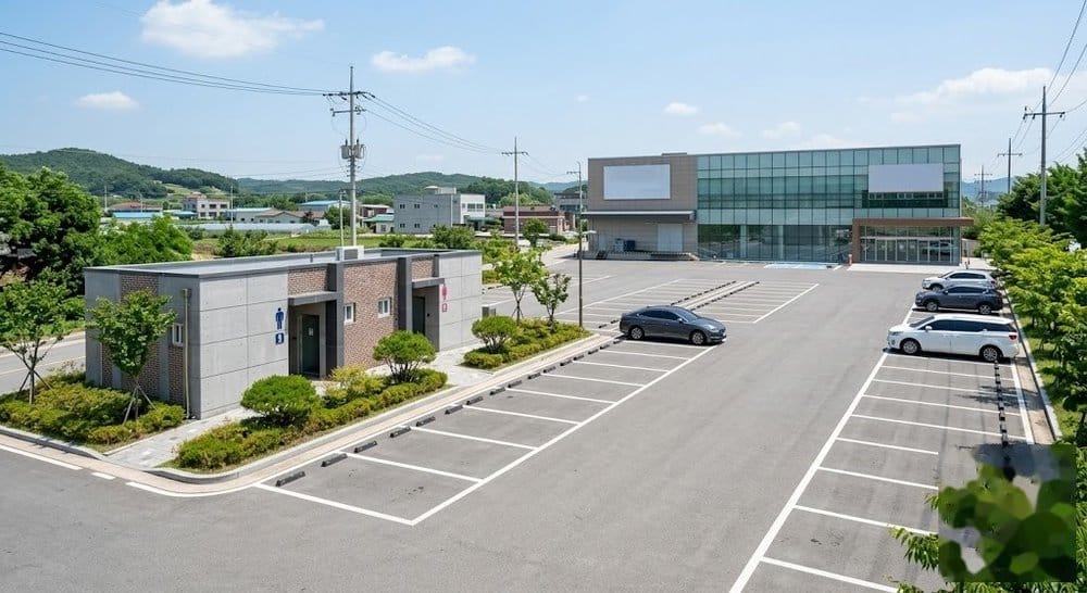 영월 주천둔치 무료 노지 차박지 인근의 깨끗한 화장실과 대형 마트 전경