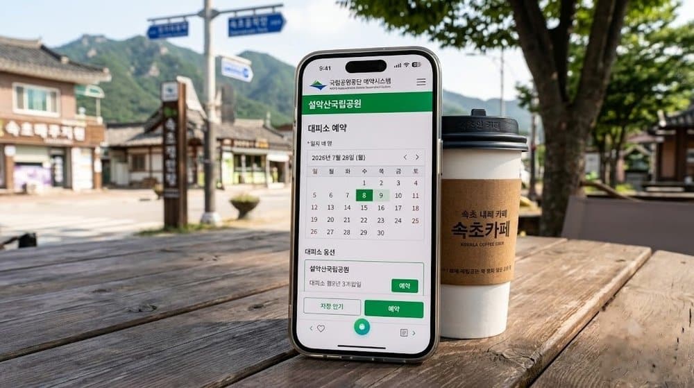 캠핑장 테이블 위에 놓인 스마트폰으로 예약 화면을 보는 모습