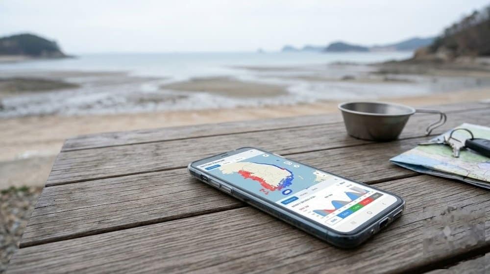 바다로드 앱으로 독산해수욕장 만조와 간조 확인하는 모습