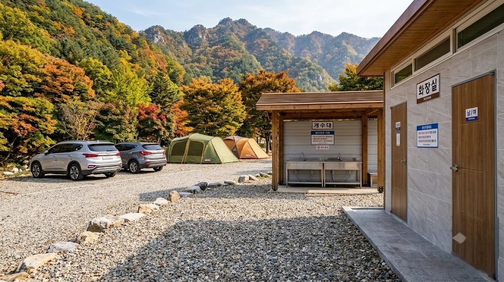 무주 수목원캠핑장 편의시설 및 B1 구역 인근 풍경