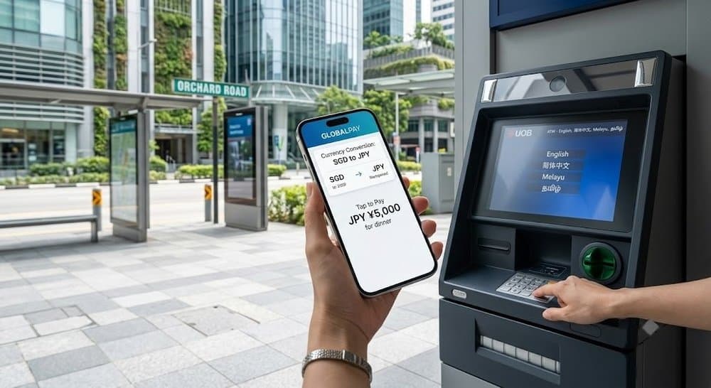 ATM 기기 앞에서 스마트폰으로 출금 내역을 확인하는 손