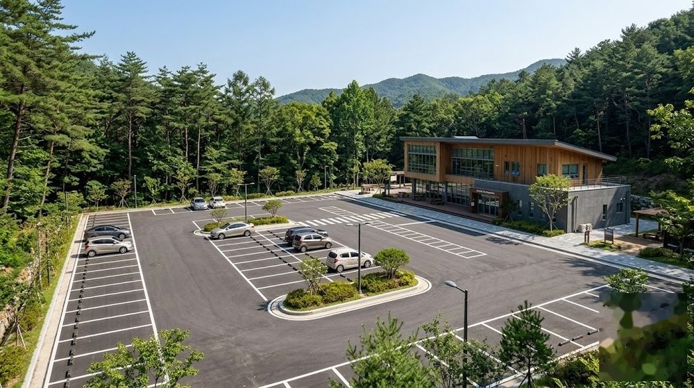 경산 치유의 숲 주차장과 치유센터 건물