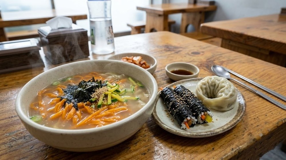 배가왕 칼국수의 주황빛 면과 꼬마김밥