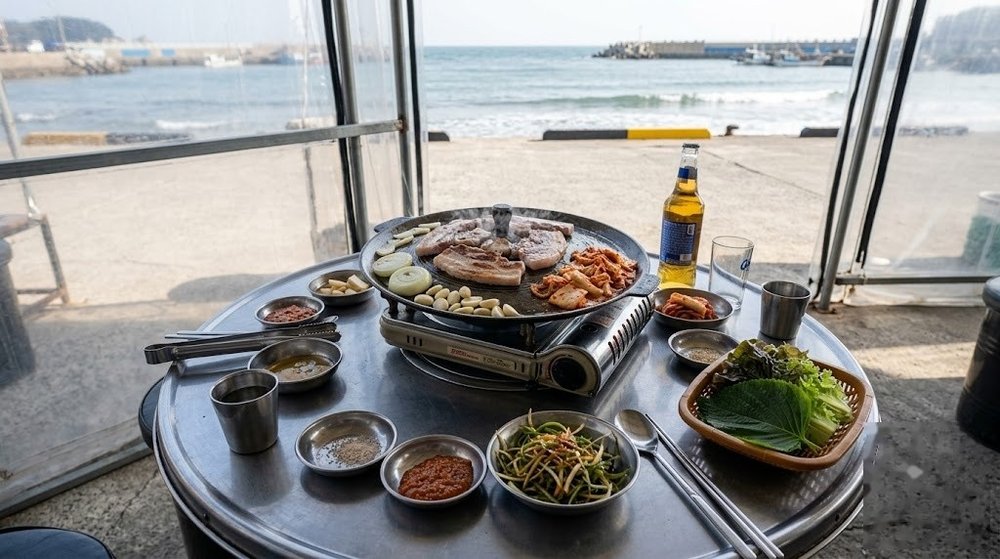 낙산해수욕장 오션뷰 삼겹살 야외 테이블