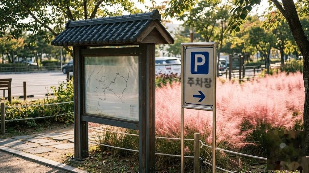 대저생태공원 P2 주차장 안내 표지판과 핑크뮬리 군락지 입구