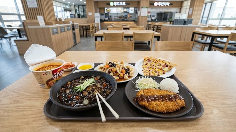 전주동물원 푸드코트 짜장면 돈까스 피자와 컵라면 세팅 모습