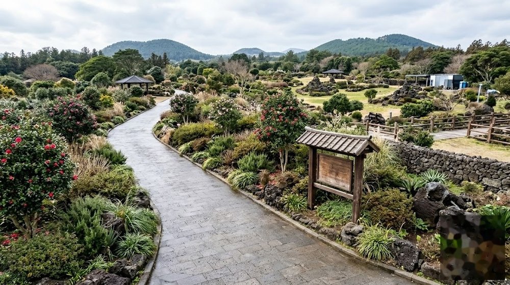 카멜리아힐의 넓은 산책로와 동백나무 풍경