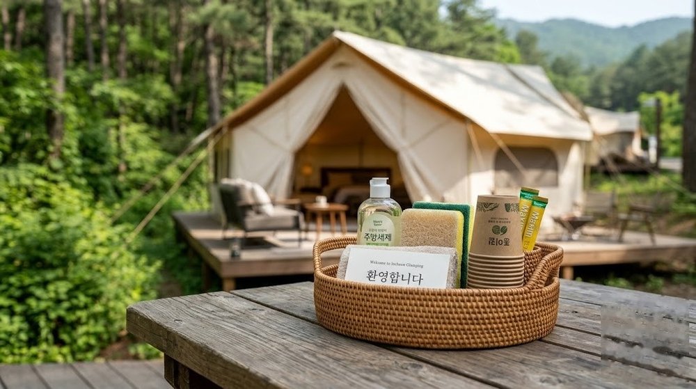 체크인 시 제공되는 블랙트리 글램핑 웰컴 바구니 세트