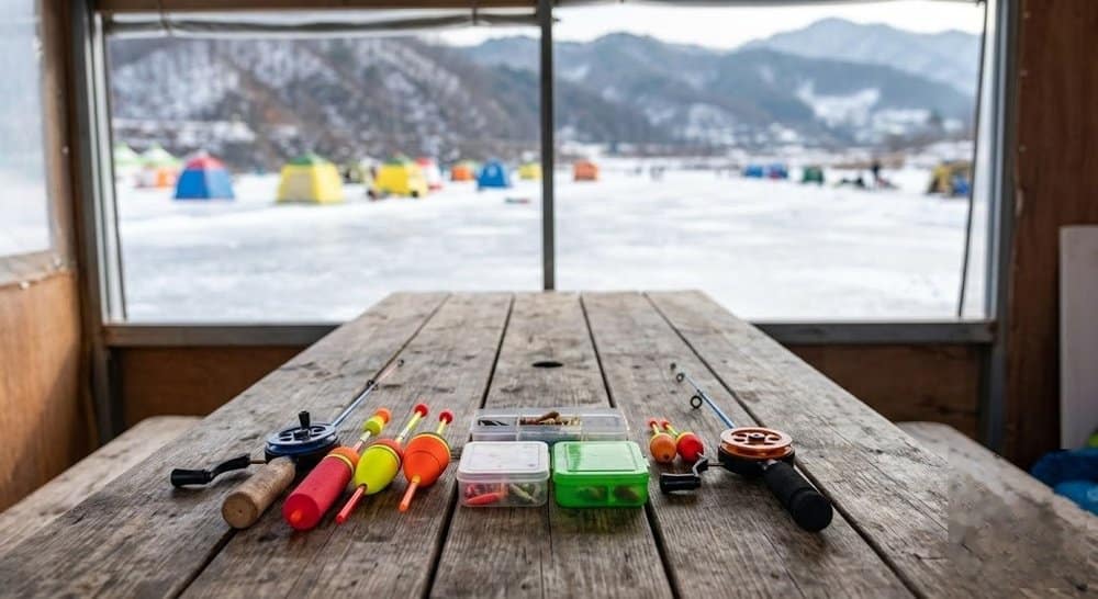 홍천강 꽁꽁축제 현장 낚시 용품 대여소 모습